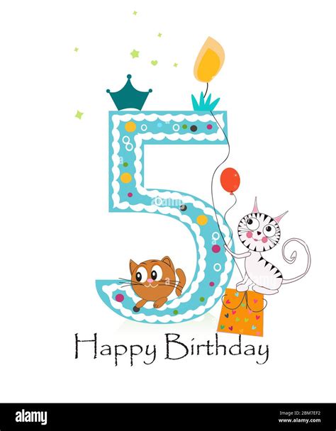 Happy fifth birthday with cats baby boy greeting card vector Stock ...