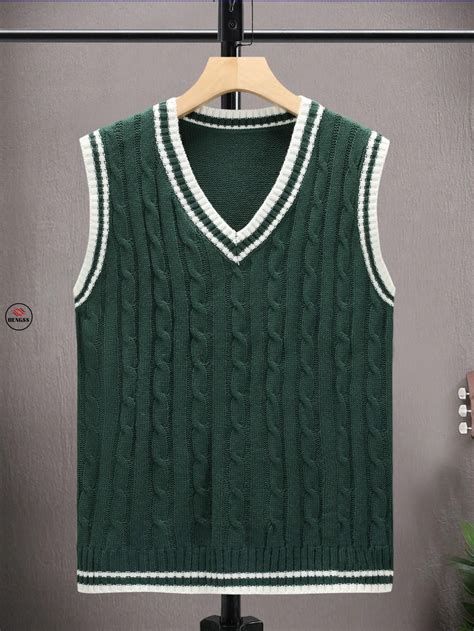 DENGSS Men Striped Trim Cable Knit Sweater Vest - Online Clothing FOR ...