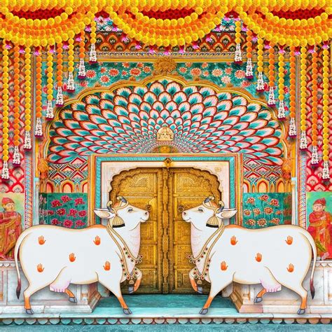 Dhara Creation Colourful Palace Cow Dhenu (8FT-8FT) Backdrop Cloth for ...