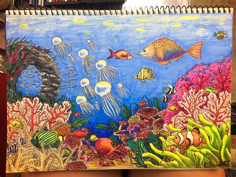 바닷속 Coral Reef Drawing, Coral Painting, Diy Art Painting, Oil Pastel Drawings, Fish Drawings ...