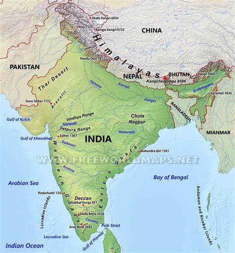 Mountain ranges of India map - Mountain ranges map of India (Southern Asia - Asia)