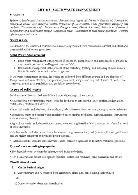SWM CHT 418 - Module 1 Notes on Solid Waste Management - Studocu