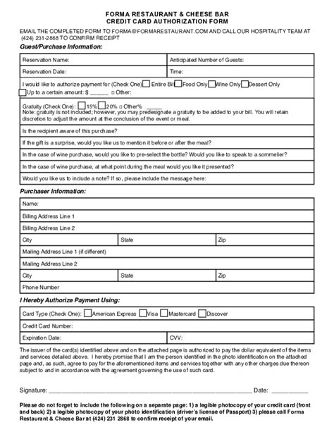 Fillable Online FORMA RESTAURANT & CHEESE BAR Fax Email Print - pdfFiller