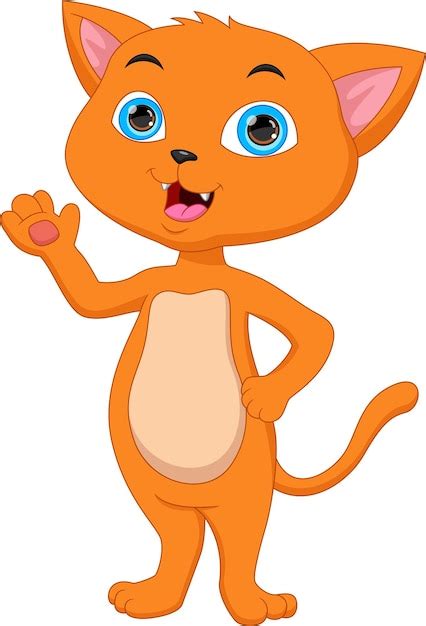 Kreskówka ładny kot macha na białym tle | Wektor Premium