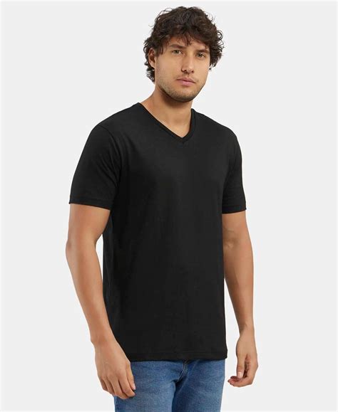 Buy Super Combed Cotton Rich Solid V Neck Half Sleeve T-Shirt - Black ...