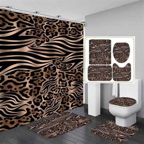 4PCS Leopard Print Shower Curtain Sets with Rugs, Cheetah Print Shower ...