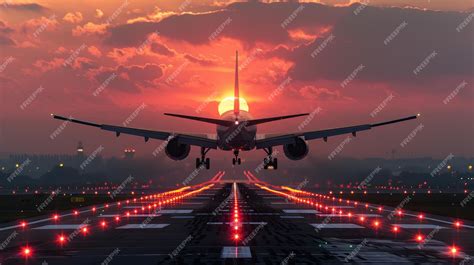 A plane is landing on a runway with the sun behind it | Premium AI ...
