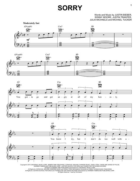 Sorry sheet music by Justin Bieber (Piano, Vocal & Guitar (Right-Hand ...