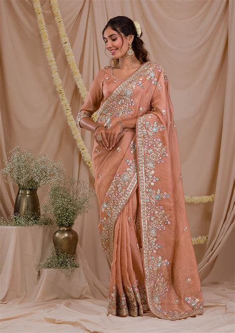 Buy Peach Zariwork Net Saree - Koskii