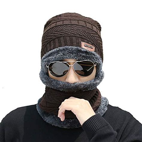ADBUCKS Fur Wool Unisex Beanie Cap with Neck Warmer Set Knit Hat Thick ...
