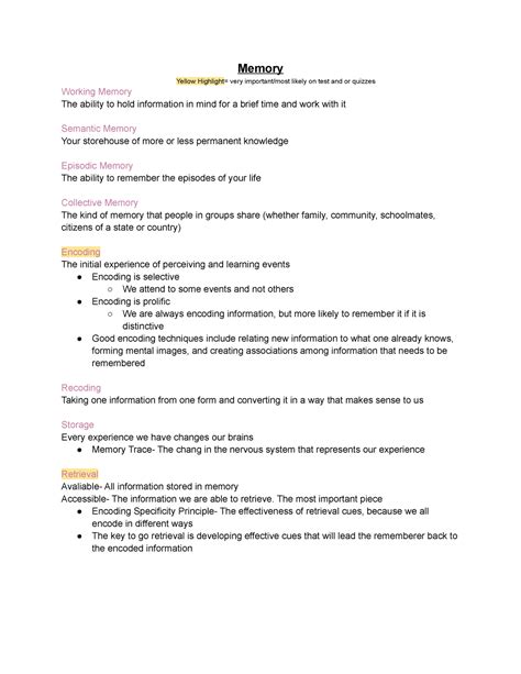Memory - The most important piece Encoding Specificity Principle- The effectiveness of retrieval ...