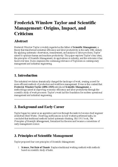 Essay 2: Frederick Winslow Taylor & Scientific Management (MGMT 101 ...