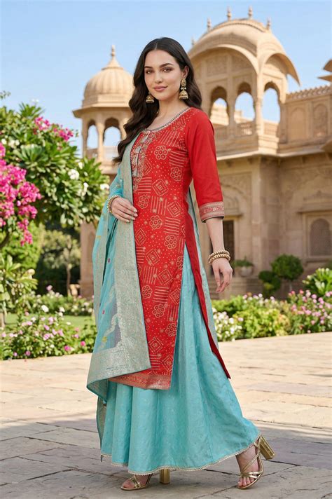 Buy Red Bandhani Printed Embellished Straight Kurta with Sea Green ...