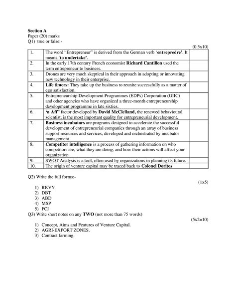Entrepreneure question paper - Section A Paper (20) marks Q1) true or ...