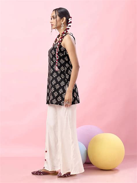 Buy Black Circular Floral Block Printed Backless Cotton Short Kurti ...