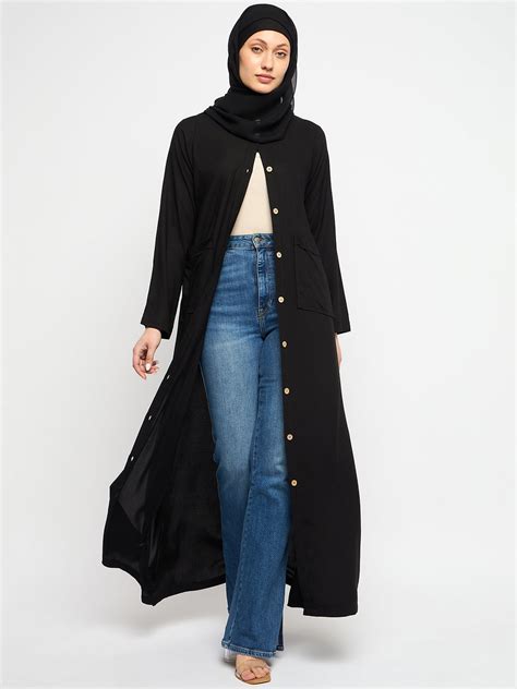 Black Rayon Front Open Abaya with Georgette Scarf – Nabia