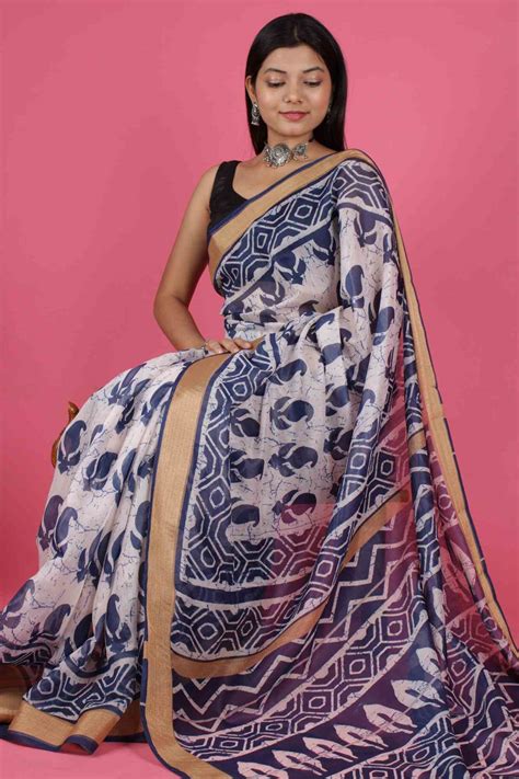 Indigo Weaving Golden Border Digital Printed Wrap in 1 Minute Saree ...