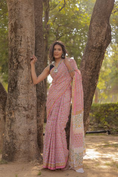 Rapid gadh pink booti Hand Block Print Pure Cotton Saree – Jaipur Tex