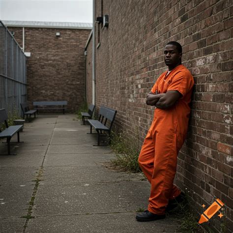 Black man in orange prison jumpsuit leaning against wall in jail ...