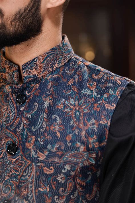 PASHTUSH MENS WOVEN JACQUARD WAISTCOAT, Structured SLIM FIT, Navy Blue ...