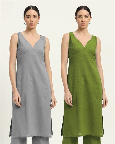 Combo: Iced Grey & Sage Green Modern Muse Sweetheart Solid Kurta – Thevasa