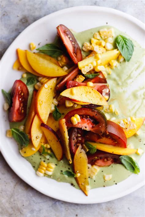 Tomato Peach Salad with Creamy Basil Sauce (vegan)