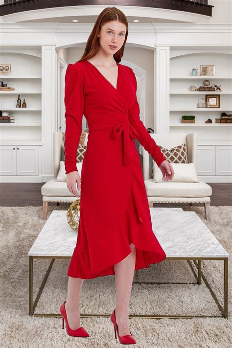 Red Crepe Midi Dress with Belt and Ruffles | Ada Style