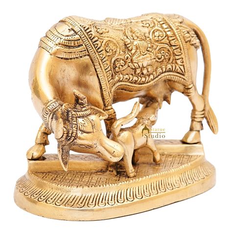 Brass Cow With Calf Idol Lakshmi Ji Engraved Home Pooja Room Dacor ...