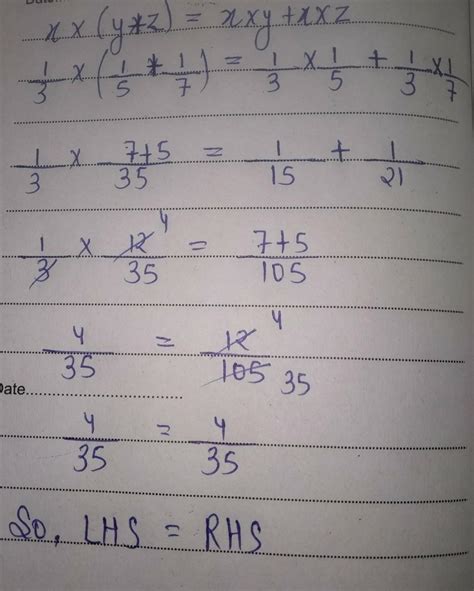 Verify the property x×(y×z)=x×y+x×z by talking - If x=1/3 y=1/5 z=1/7 ...
