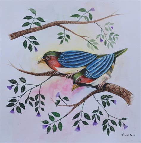 "Birds 223": Blue Green Watercolor Painting by Santosh Patil | ArtZolo.com