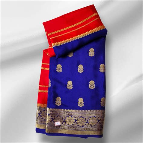 Royal Blue & Red Mysore Silk Saree with Gold Floral Motifs – Aisiri Silks