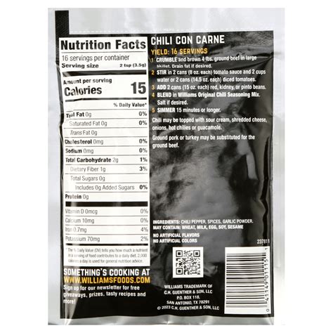 Williams Original Chili Seasoning Mix, 2 oz Packet, Spice Blend for ...