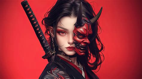 Samurai Girl with Katana and Red Oni Mask 4K HD Anime Wallpapers | HD ...