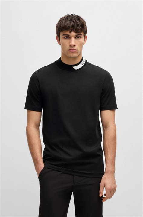 BOSS - Stretch-cotton T-shirt with logo collar - Black