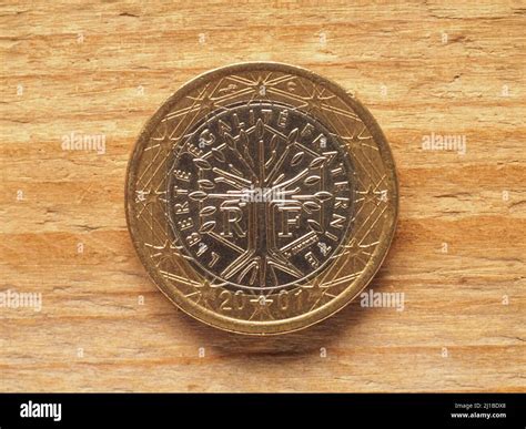 one euro coin, French side showing a tree framed by an hexagon, currency of France, European ...