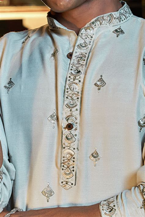 VISION WHITE SEQUENCE EMBROIDERY WORKED MEN'S KURTA + WHITE PAJAMA ...