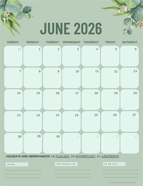 June Calendar 2026 Free Printable