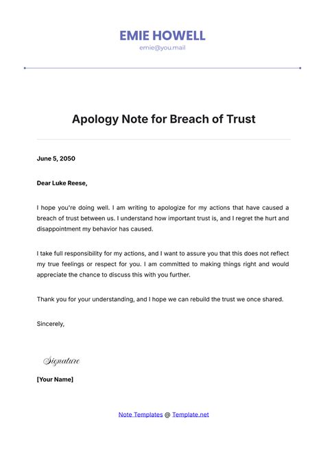 Free Apology Note for Breach of Trust Template to Edit Online