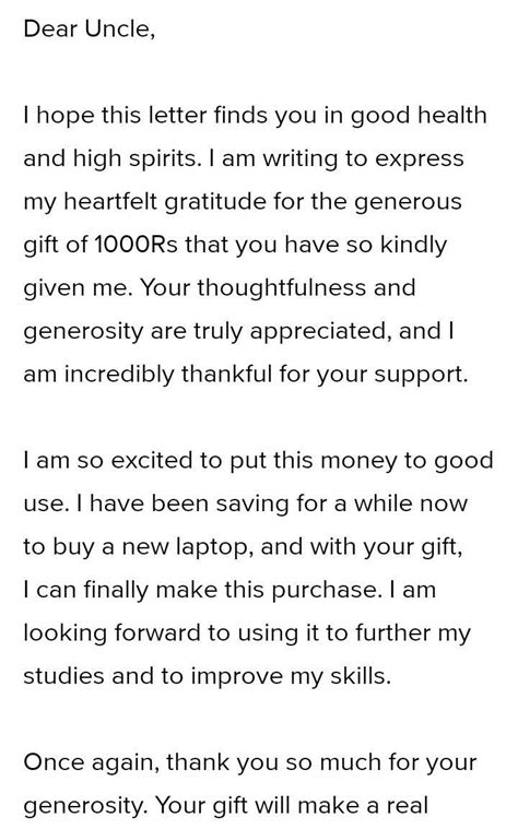 your uncle gave you a gift of 1000rs.write a letter thanking him for ...