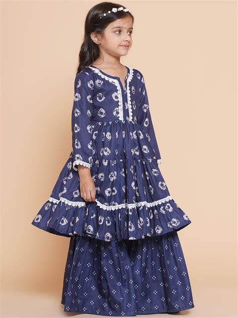Shop Bitiya By Bhama Girls Navy Bandhani Printed With Cotton Lace Kurta ...