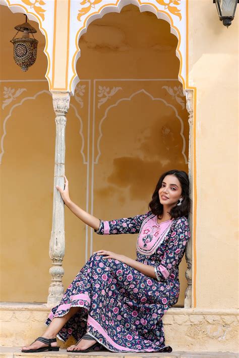 Blue & Pink Printed Dress freeshipping - Yufta Store