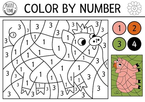 Vector on the farm color by number activity with pig rural country ...
