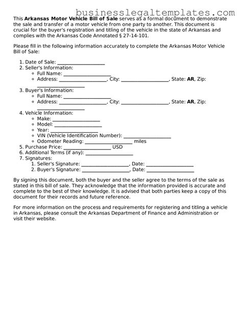 Prepare a Valid Arkansas Motor Vehicle Bill of Sale With Our Printable Form