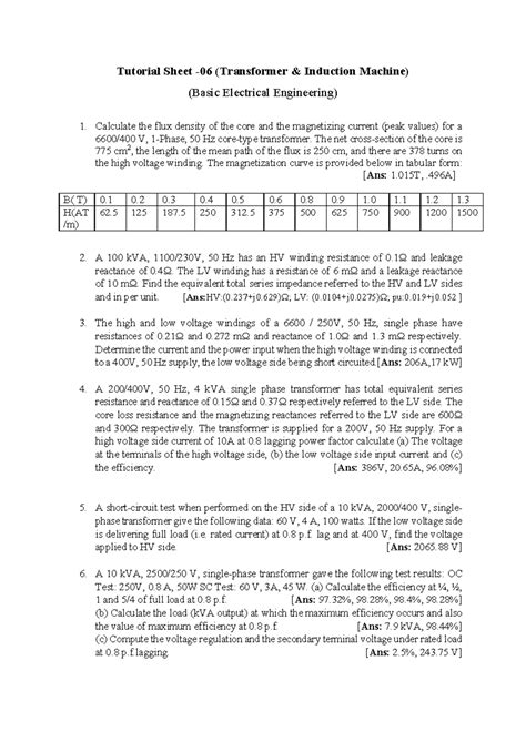 Tutorial Sheet: Transformer & Induction Machine Calculations (BEE ...