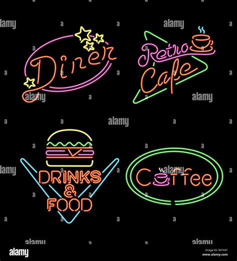 Retro neon light sign set food coffee drink Stock Photo - Alamy
