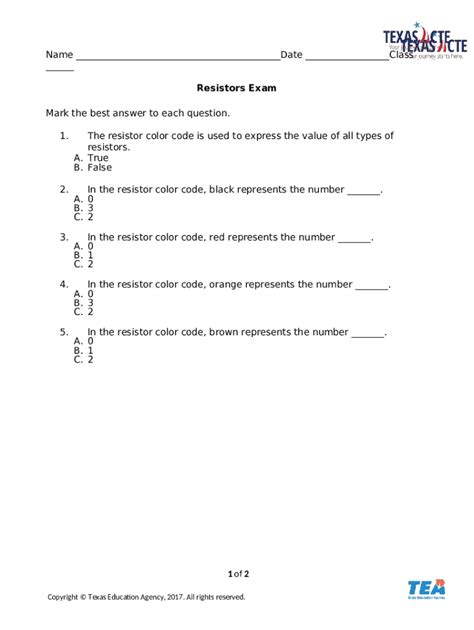 Image result for Resistor Color Code Quiz PDF