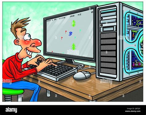 Art illustration of a young man/boy playing a computer game on ...