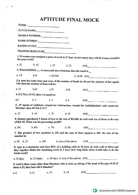 Aptitude final mock Qspidres - APTITUDE FINAL MOCK NAME : BATCH NAME ...