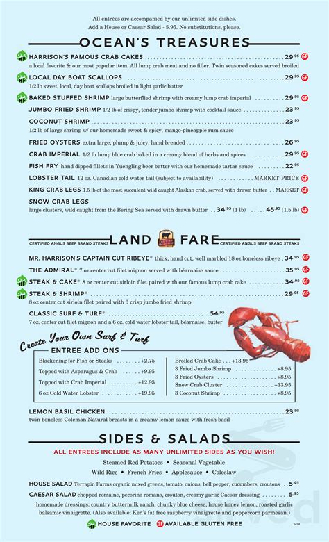 Harrison's Harbor Watch menu in Ocean City, Maryland, USA