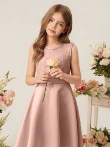 Flower Girl Tween Girl Delicate Lace Trim Collar Satin High Low Hem ...